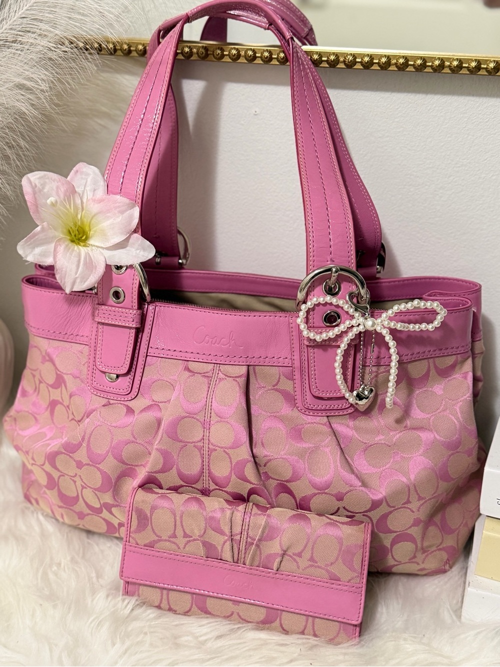 Coach Pink Signature Canvas Tote with Matching Wallet